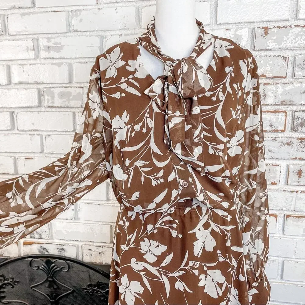 Lane Bryant Tie Neck Bow Brown and Off White Floral Sheer Midi Dress 22